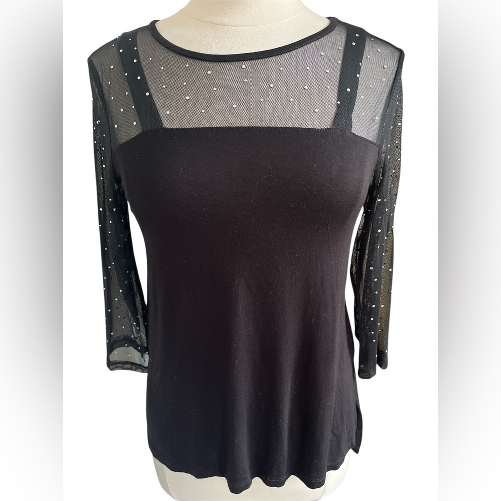 Cable & Gauge Black Blouse with Sheer top 3/4 Sleeves & Rhinestones Size small - Picture 1 of 10